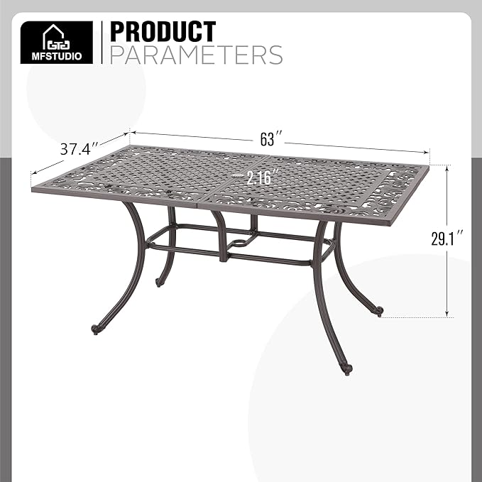 MFSTUDIO Cast Aluminum Patio Dining Table, Rectangular Outdoor Dining Table for 6, Patio Table with 2.16’’ Umbrella Hole, 63’’ Retro Design Metal Aluminum Table