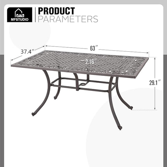 MFSTUDIO Cast Aluminum Patio Dining Table, Rectangular Outdoor Dining Table for 6, Patio Table with 2.16’’ Umbrella Hole, 63’’ Retro Design Metal Aluminum Table