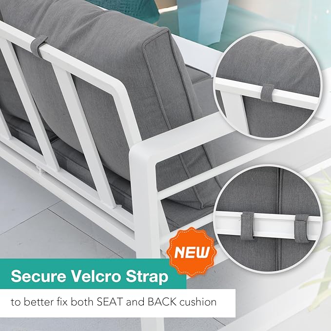 Patiorama Aluminum Patio Furniture Set, 2 PCS Outdoor Armchairs Single Sofa Couch, All Weather White Metal Chair with Olefin Cushion, Deep Seating, 300 lbs Capacity, Deck, Garden-Grey Cushion