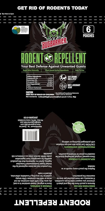 Extra-Strength Mouse Repellent Deterrent Pouches, USDA 99% Biobased, Peppermint & Rosemary Oils Repel Mice Nesting in Car, RV, Boat, Garage, Shed, Cabin Made in The USA (12 Pack)