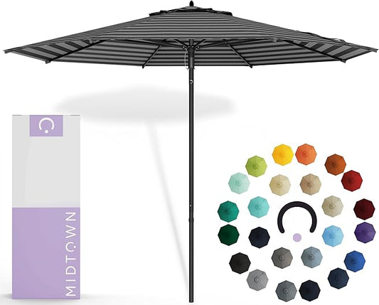 Midtown Umbrellas Push Pop Sunbrella Umbrella 10 Feet Large Outdoor Umbrella With Black & White Acry Fabric - Deck Patio Umbrella, Backyard Umbrella, Garden Umbrella & Pool Umbrella - Black Pole