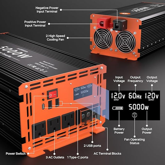 5000 Watt Power Inverter 12V DC to 110V/120V AC Converter Peak Power 10000W Car Inverter with LCD Display 2 AC Outlets USB Port Cables Includ for RV,Truck,Off-Grid Solar System Remote Controller