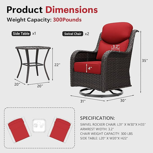 Patio Swivel Chairs Set of 4 and Side Table, Outdoor Swivel Rocker Patio Chairs with High Back and Thick Cushions, Wicker Patio Furniture Set for Porch, Deck Use (Red, 6 PCS)