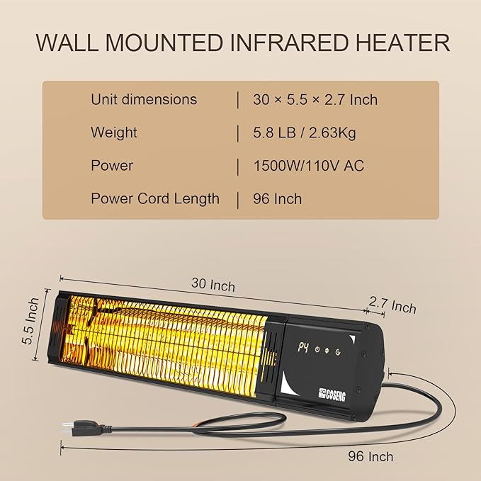 1500W Infrared Patio Heater, IP65 Waterproof Outdoor Electric Heater with Remote, 4 Heat Levels, 24H Timer, Memory Function, Fast Heating for Garage, Backyard, Black 2 pack