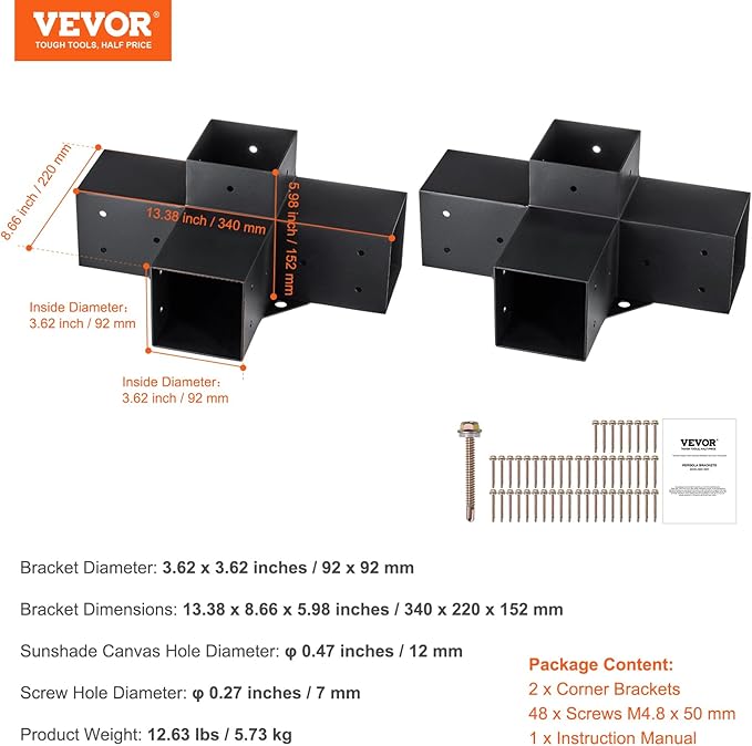 VEVOR Pergola Bracket Kit 4''x4''(Inner Size 3.6x3.6), 2pcs 4-Way Heavy Duty Corner Bracket Woodworks DIY Post Base Kit, Easy Installation Wooden Beams for Gazebos, Patio Pergolas, Log Cabin