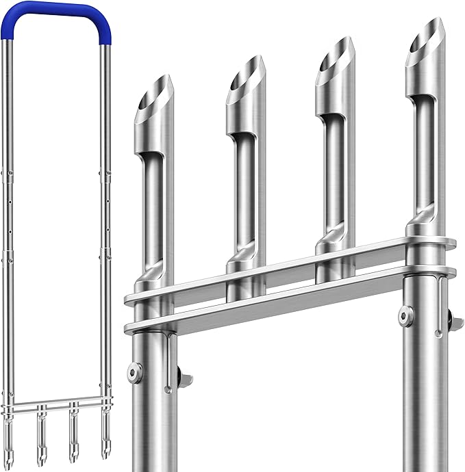 Knee-Friendly Manual Lawn Aerator Tool – SUS304 Stainless Steel Core Aerator for Grass, Yard Aeration Tool with 4 Hollow Tines for Lawn Care and Compacted Soil,43.3"-48.5",Silver