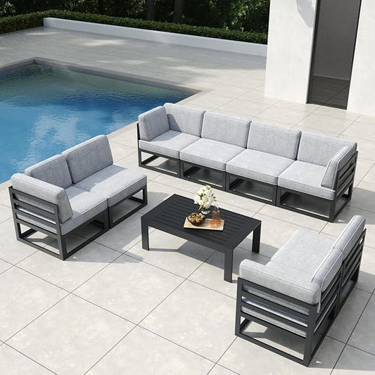 9 Pieces Aluminum Patio Furniture Set with Coffee Table, Metal Outdoor Conversation Sofa Set with Seating Cushions