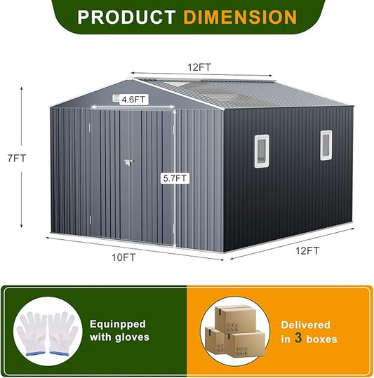 12x10 FT Metal Sheds & Outdoor Storage with Floor: Heavy Duty Garden Sheds with Dual Transparent Roof Panels, DIY-installable Windows & Lockable Doors, Tool Shed w/Base for Backyard, Patio, Grey
