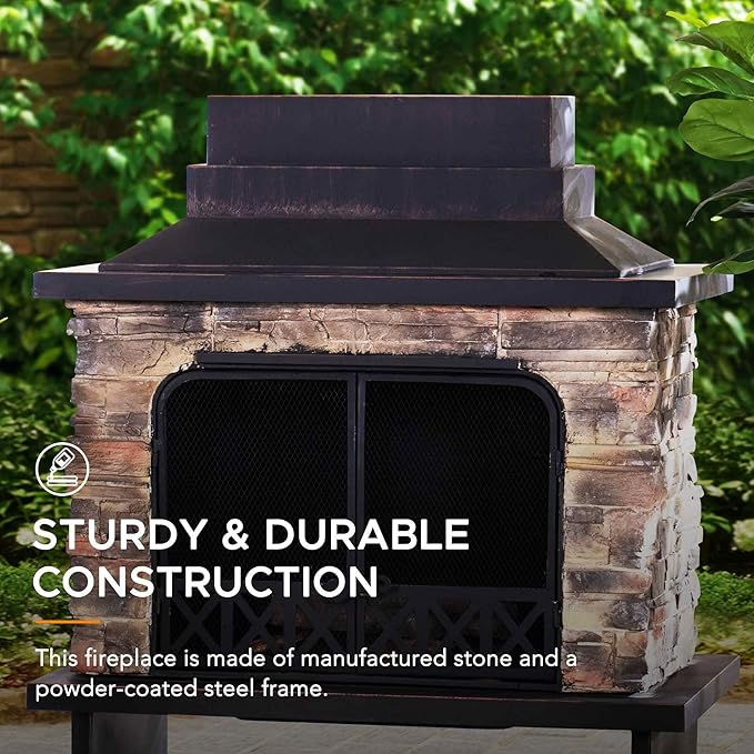 Sunjoy Outdoor Fireplace, Heavy Duty Patio Wood Burning Fireplace with Steel Chimney, Mesh Spark Screen Doors, Removable Grate and Fire Poker, Black