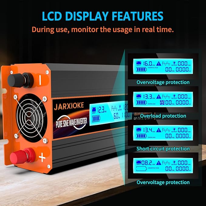 1100 Watt Pure Sine Wave Power Inverter 12V DC to 110V 120V Converter for Family RV Off Grid Solar System Car with Type-C Ports 2 AC Power Outlets Dual USB Ports LCD Display Wireless Remote Control
