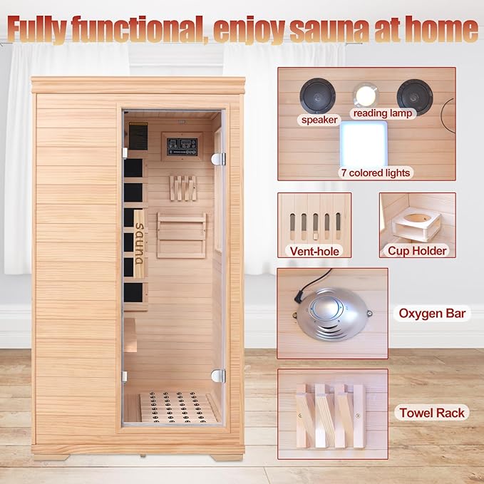 Far Infrared Sauna for 1 Person, Indoor Low EMF Infrared Wooden Dry Sauna for Home with 5 Low EMF Heating Panels, Side-Opening Door, Digital Control, Bluetooth Speakers, Home Spa Therapy