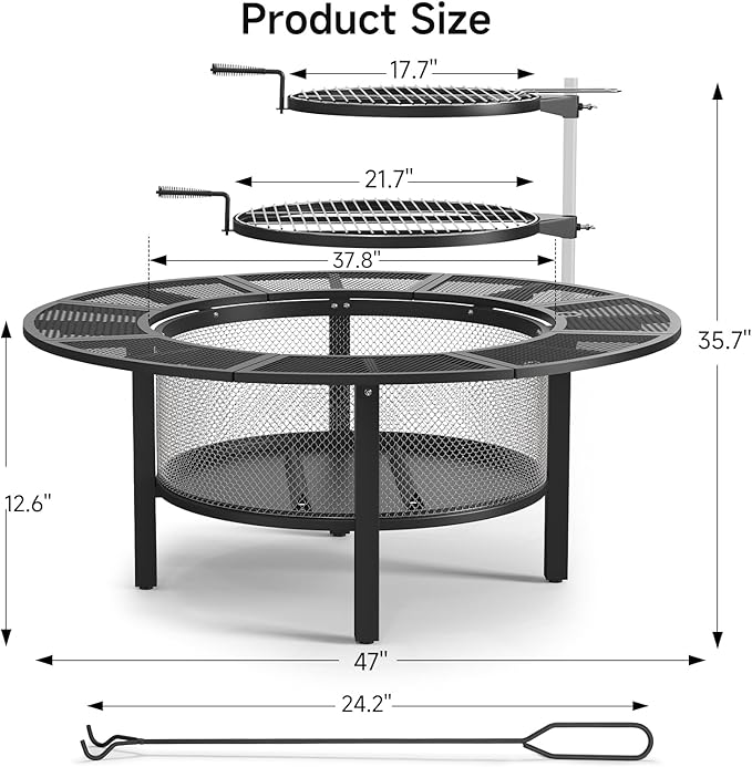 ONBRILL 2-in-1 47 Inch Fire Pit with 2 Swivel Cooking Grills, Outdoor Wood Burning Firepit with Poker for BBQ, Bonfire, Picnic, Party, Round Metal Fire Pit for Outside, Backyard, Patio