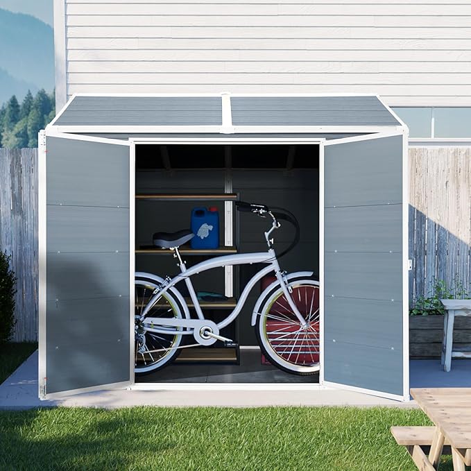 8x6 ft Outdoor Resin Storage Shed with Floor, Waterproof Plastic Garden Shed with Lockable Door and Two Windows, All-Weather Tool Sheds for Backyard, Patio, Lawn (Grey)