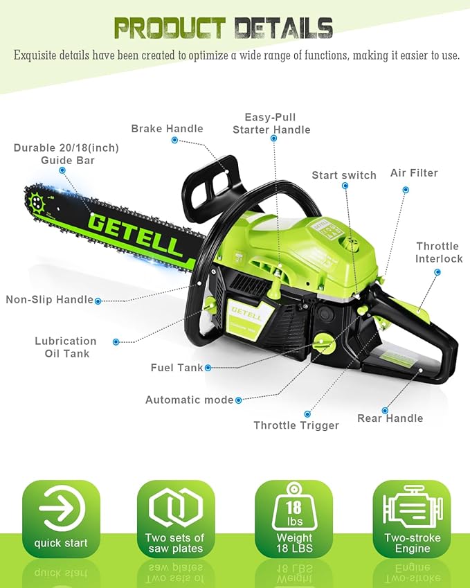 Getell 58cc Gas Chainsaw 20 Inch & 18 Inch Bar – 3.6 HP Gas Powered Chainsaw with Easy-Start, Pro Anti-Vibration for Farm, Ranch, and Ranch & Heavy-Duty Work (G338 PRO)