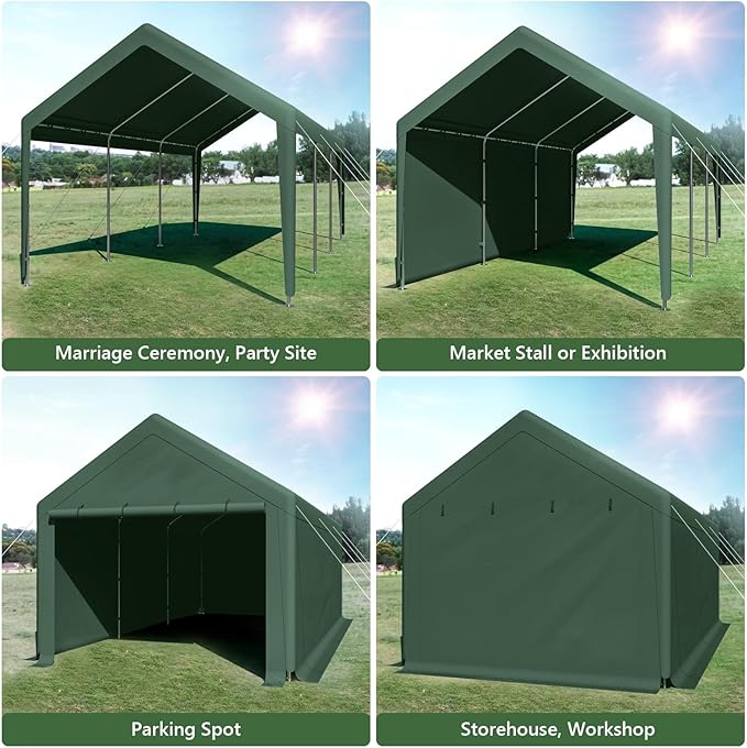 Carport Canopy 10x20 Heavy Duty, Portable Carport Garage with Removable Sidewalls and Door, Car Port with Waterproof Canopy for All Season (Green)