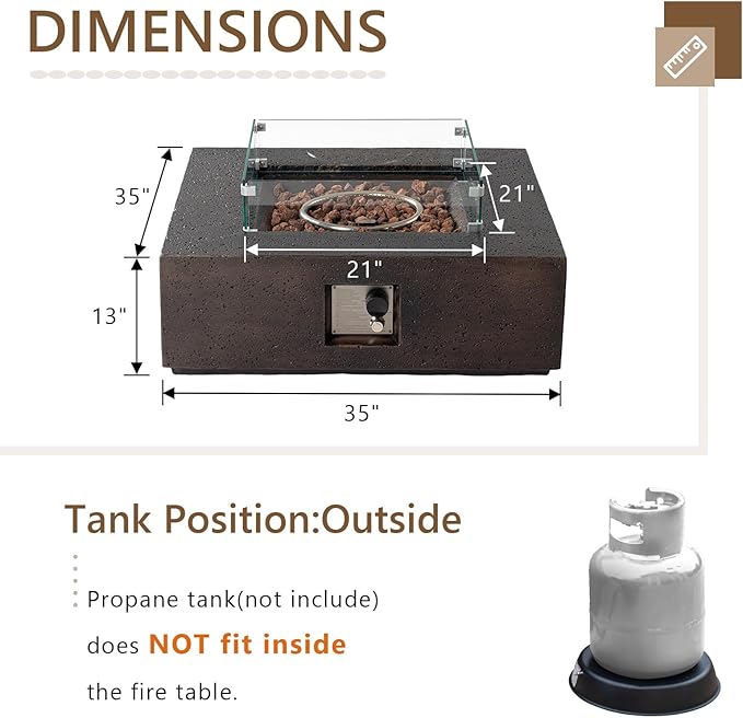 COSIEST Outdoor Propane Fire Pit Coffee Table w Square Faux Stone 35-inch Base, Certified, 50,000 BTU Stainless Steel Burner, Free Lava Rocks and Rain Cover, Wind Guard, Brown