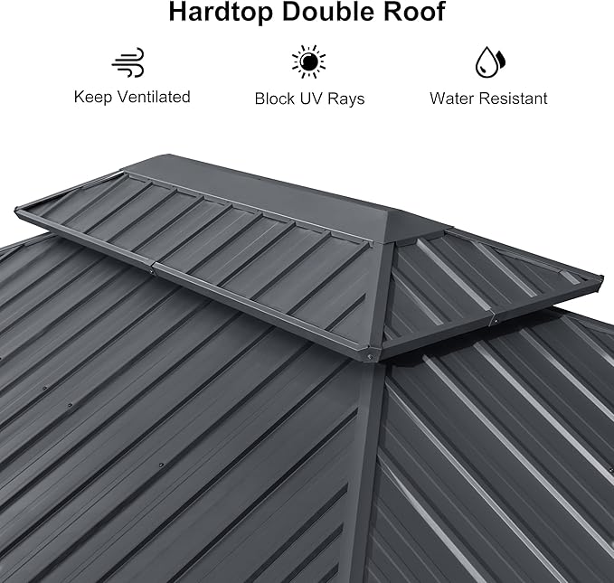 PURPLE LEAF 12'x16' Hardtop Gazebo with Lights Permanent Aluminum Double Roof on Galvanized Steel Frame Outdoor Patio Gazebo Including Netting and Curtains for Backyard Lawn Garden Grey
