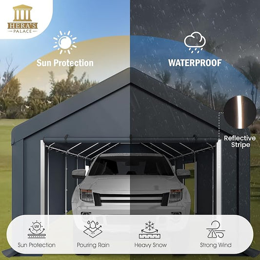 HERA'S PALACE Heavy Duty Storage Shed Outdoor Portable Car Canopy Carport Garage with 2 Rolled up Zipper Doors UV Resistant Waterproof Anti-Snow for Motorcycle Truck (Dark Gray, 13x24ft)