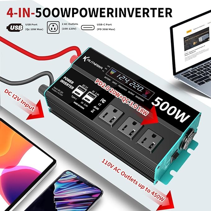 Power Inverters 500W 12V DC to 110V AC Converter for Vehicles USB-C/PD 25W Fast Charging Ports Car Charger Adapter with a Cigarette Lighter Ports Plug Outlet(Modified sine wave-500W)