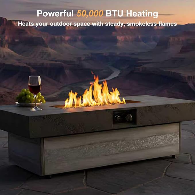Propane Fire Pit Table, 48 Inch Firepits for Outside, Rectangle Gas Fire Pits for Outside Patio, Deck, Backyard, 50000BTU, Free Waterproof Cover, Tank Outside, Tank Not Included, Cement Grey