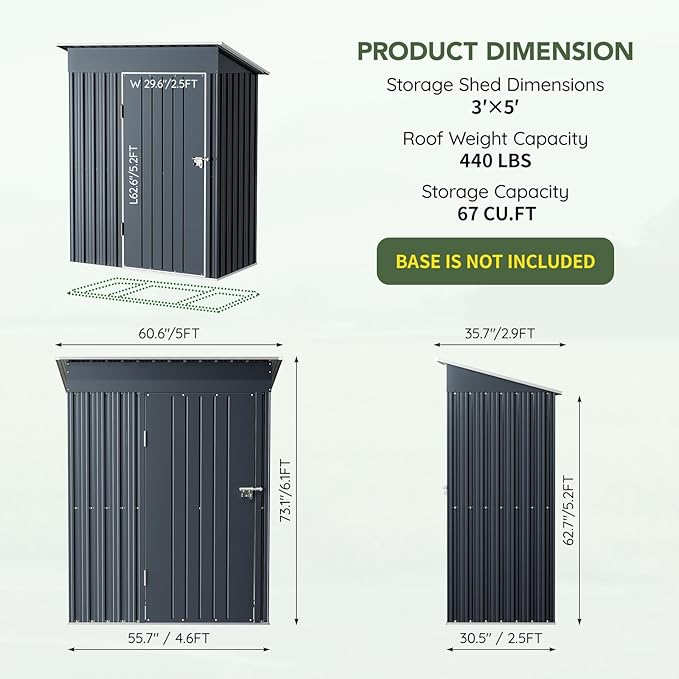 3x5 FT Outdoor Metal Storage Shed, Single Door, 1 Clear Window, Tool Shed for Garden, Patio, Backyard