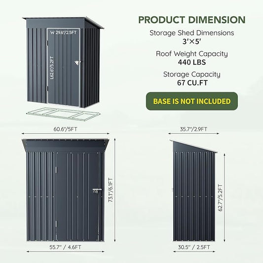3x5 FT Outdoor Metal Storage Shed, Single Door, 1 Clear Window, Tool Shed for Garden, Patio, Backyard