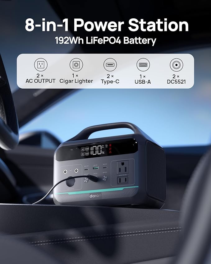 DaranEner Portable Power Station 300W, 192Wh (60,000mAh) Large Power Bank with 110V AC Outlet, LiFePO4 Battery Backup, 2H Fast Charging, 8-Ports Mini Generator for Camping, Home Emergency, Travel