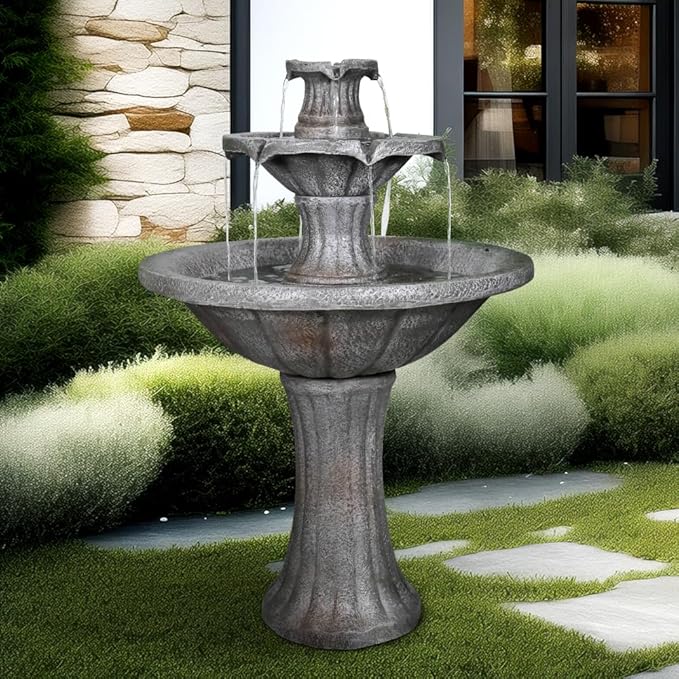 ourrco Marble Finish Concrete Outdoor Water Fountains 2-Tier Decor Dark Castle Designed 41.7" H Waterfall Fountains for Yard, Garden, Deck, Patio, Backyard, Porch, Lawn