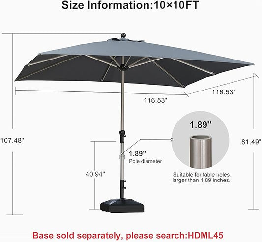 PURPLE LEAF 10' x 10' Square Patio Umbrella, Alumimum Outdoor Market Umbrella with 3 Year Fade Resistant, Pool Umbrella for Deck Garden, Patio, or Poolside, Lawn