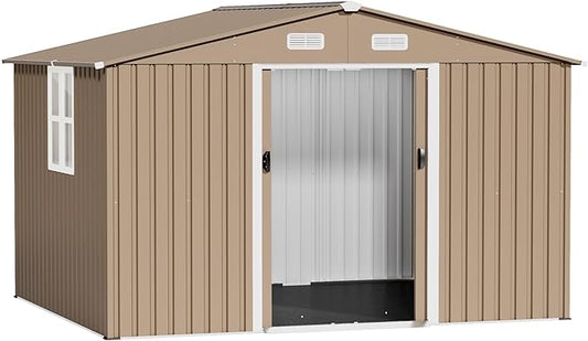 10x8FT Outdoor Storage Shed with Floor & Lockable Sliding Doors,Metal Storage Shed with 1 Air Vents,Waterproof Garden Shed for Backyard,Patio, Lawn,(Brown,Base Included)