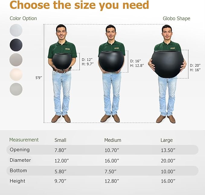 12.8" H x 16" D Globo Fiberstone Round Planter - Christmas Tree Planter, Smooth Finishes, Weather Resistant for Indoor & Outdoor Use, Included 2 Extra Coco Mats (Black, 10.7" Pot Opening)