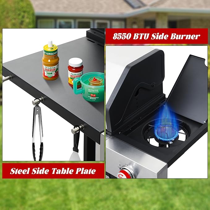 4-Burner Propane Gas Grill with Side Burner, 46,000 BTU Outdoor BBQ Grill with Porcelain-Enameled Cast Iron Grates and Griddle Pan, Built-in Thermometer Stainless Steel Grill for Outdoor Cooking