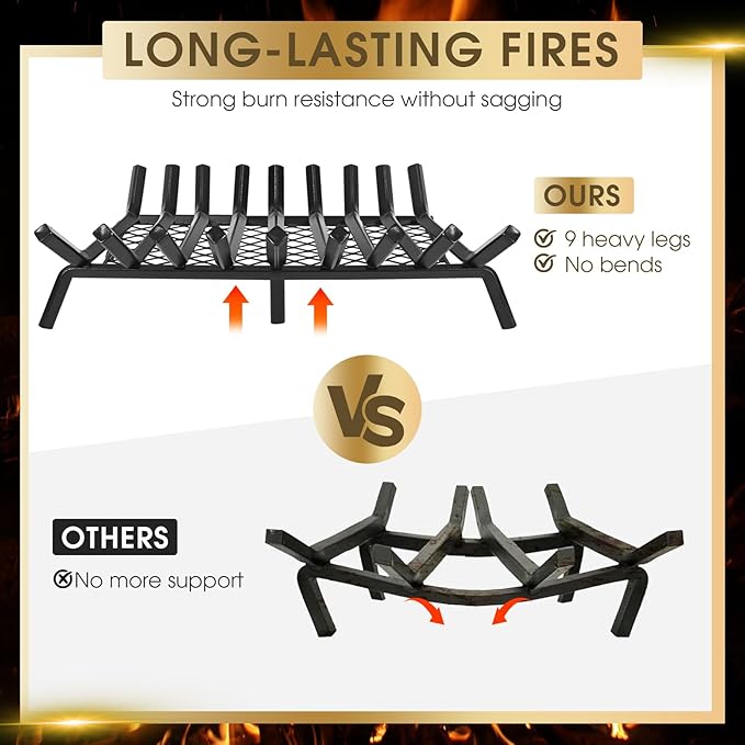 G GOOD GAIN Fireplace Grate with Ember Retainer, 30in Heavy Duty Steel Indoor, Chimney Hearth Wood Stove Burning Rack Holder,1/2 Bar Fire Place Asseccories for Outdoor, Fire Pits, Camping.