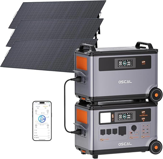 OSCAL 6000W(9000W Peak) Portable Solar Power Station with 3 * 500W Solar Panels, 3600Wh LiFePO4 Battery with 3600Wh Expansion Battery Pack, 2400W Solar Charging Generator for Camping, Home, Emergency