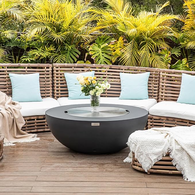 Elementi Lunar Bowl Dark Grey Fire Pit Bundle Includes 42” Propane Concrete Firepit, Glass Windscreen, Stainless Steel Cover, Tank & Canvas Cover, Floor Mat and Beverage Tub