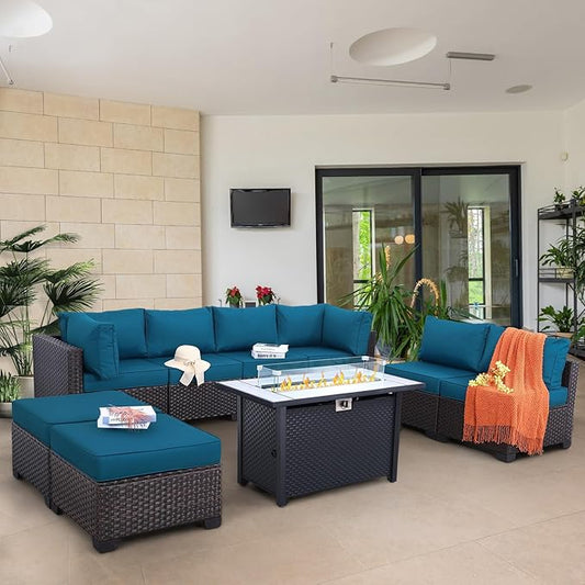 9 Pieces Wicker Patio Furniture Set Outdoor PE Rattan Sectional Conversation Sofa Set with Peacock Blue Cushions and 45” Gas fire Pit Table