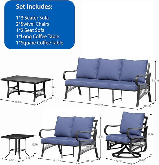 6 Piece Patio Furniture Set, 2 Single Swivel Chairs, Rope Braided Exposed with Thick Cushions, Outdoor All Weather Patio Conversation Sectional Sofa Set for Garden, Porch, Lawn, Blue