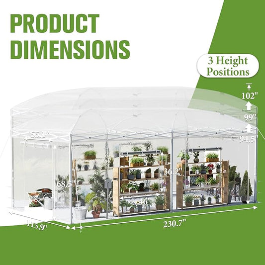 AMERLIFE 19.2×10×8.5 FT Pop-up Greenhouses for Outdoors Indoor with Adjustable Strong Frame, Movable Walk in Greenhouse with 2 Roll-up Zipper Doors, Windows and PE Cover, White