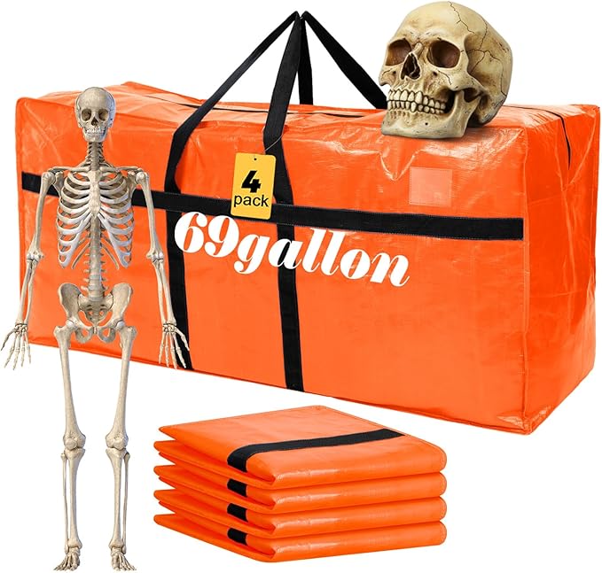 Windyun 4 Pack 69 Gallon Extra Large Storage Bags XXL Moving Bags with Zipper Handles Heavy Duty Jumbo Big Tote Box for Christmas Tree Storage 4, 5, 7.5, 9, 10, 12 ft Skeleton College Dorm(Orange)