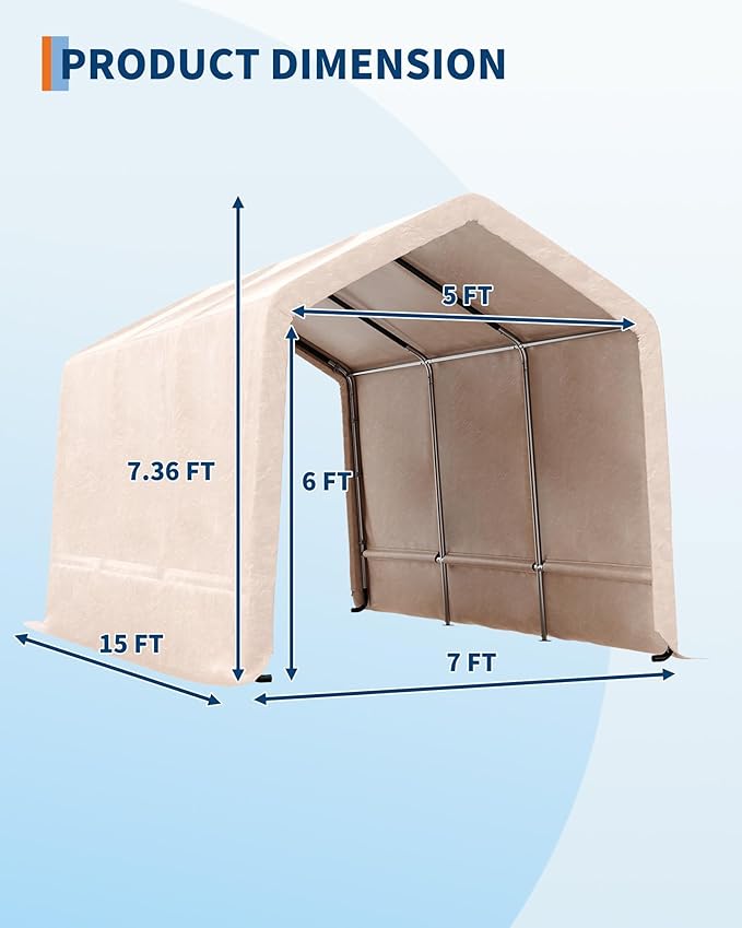 7X15 FT Heavy-Duty Portable Outdoor Storage Shed with Roll-Up Zipper Door & Vent, 240g Waterproof Carport Storage Shelter, UV-Resistant Canopy for Motorcycle, Firewood, Tools -Gray ﻿