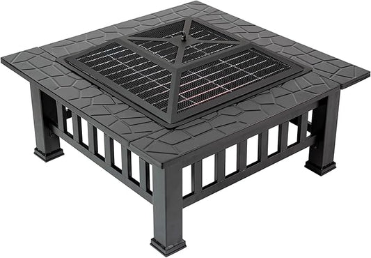 Outdoor Fire Pit Table, 32 inch Multifunction Metal Square Fire Pit in Black with Spark Screen Lid, Cooking Grate, and Protective Cover for Campfire, Outdoor Wood Burning, and Backyard by Sun-Ray
