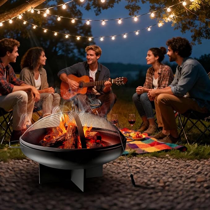 24 Inch Fire Pit for Outside Outdoor Wood Burning Firepit Bowl Heavy Duty Steel Bonfire Pit for Patio Backyard Camping Deck with Spark Screen, Log Grate & Poker