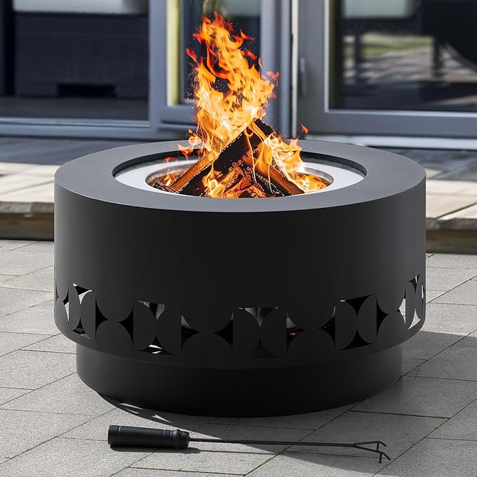 SUNJOY 28 in Round Smokeless Fire Pit with Removable Ash Pan, Outdoor Portable Circular Geometric Wood Burning Fireplace with PVC Cover and Fire Poker,Ideal for Camping, Bonfire, and Backyard, Black