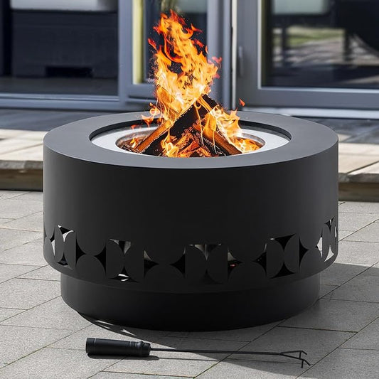 SUNJOY 28 in Round Smokeless Fire Pit with Removable Ash Pan, Outdoor Portable Circular Geometric Wood Burning Fireplace with PVC Cover and Fire Poker,Ideal for Camping, Bonfire, and Backyard, Black