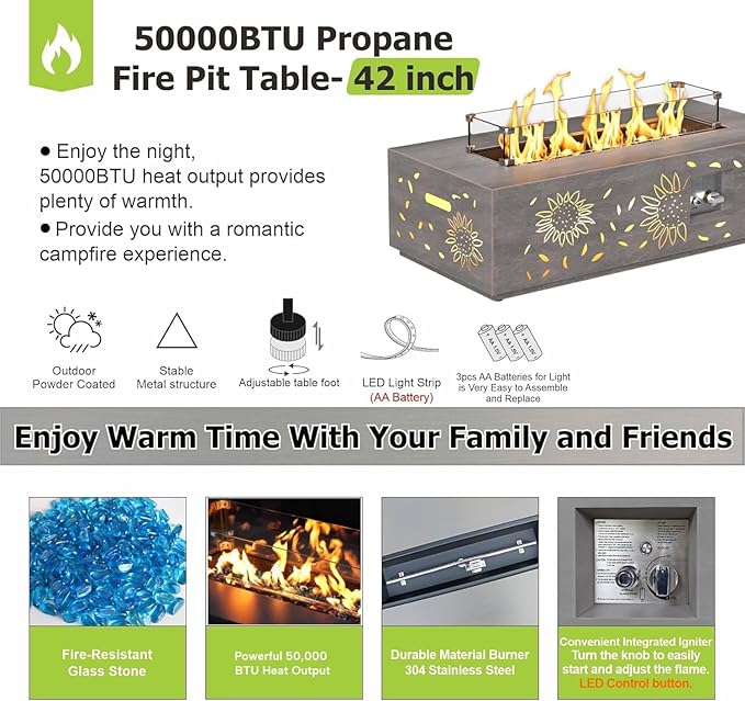 42 inch Propane Fire Pit Table LED, 2 in 1 Rectangular Outdoor Fire Pit with 20lb Tank Cover, Outside Patio Deck and Garden, Gas Fireplace Table with Lid and Stone, 50,000 BTU Adjustable Flame
