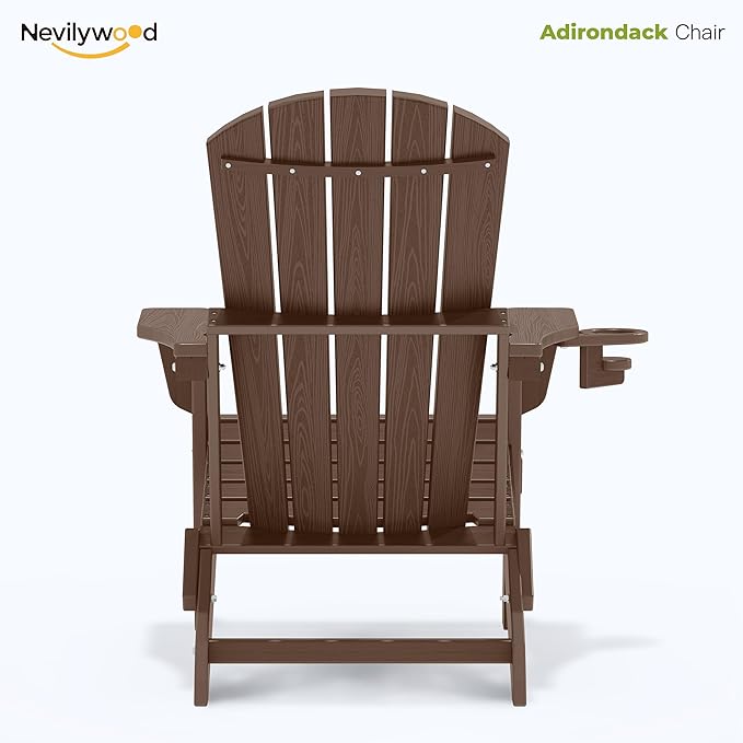 nevilywood Folding Adirondack Chair with Cup Holder Set of 2, HDPE Patio Chairs,All-Weather Outdoor Chairs for Backyard, Deck,Fire Pit-Coffee