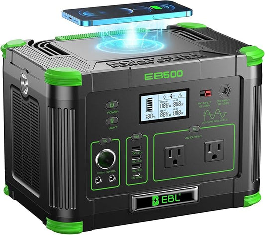 Portable Power Station EBL 500W, 519Wh Solar Generator with 2 AC 110V Outlets, USB-C PD 60W Fast Charging, 10 Ports including Wireless Charger for Camping RV Emergency Off-Grid Living (Peak 1000W)