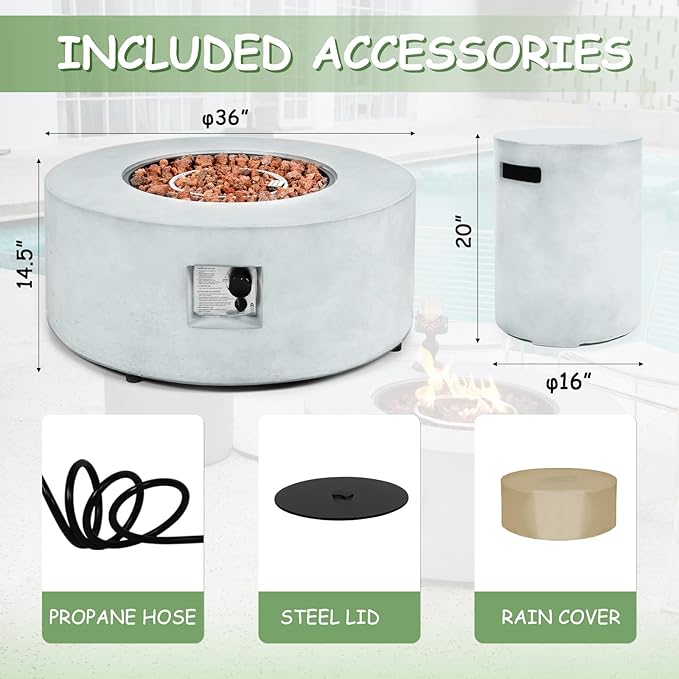 36 Inch Round Fire Pit Table,Propane Fire Pit Table Outdoor Firepit 2-Piece 50,000 BTU Gas Concrete Fire Pit Tank Cover CSA Certification w Lid,Lava Rocks, Rain Cover for Backyard & Deck