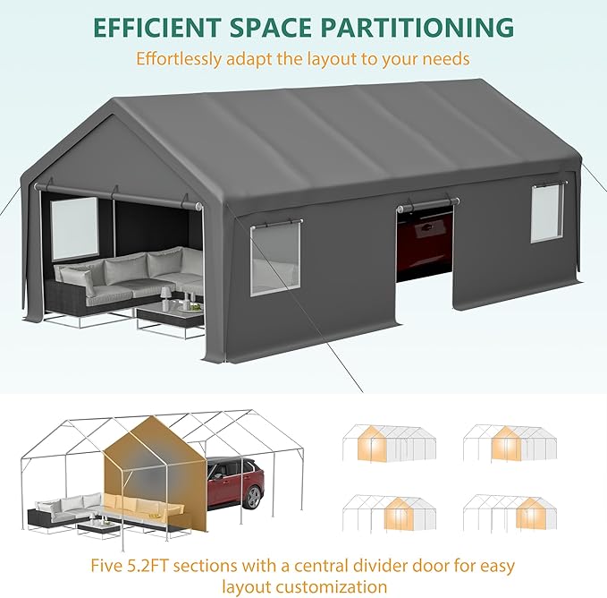 13x26 FT Canopy with 2 Roll-Up Doors,Waterproof Party Tent w/Steel Frame & Ventilation Windows,Carport & Storage Shelter for Vehicle,Car,Grey