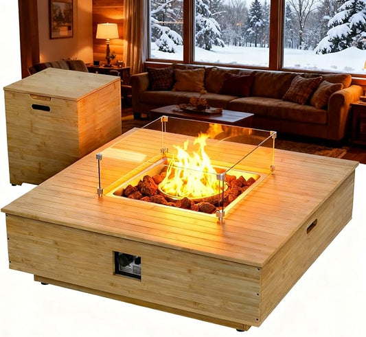 43" Gas Fire Pit Table with Propane Tank Cover Table Wood Grain Design Square Includes Lava Rocks and Weatherproof Cover for Outdoor Patios Parties Garden 50,000 BTUs CSA Certified